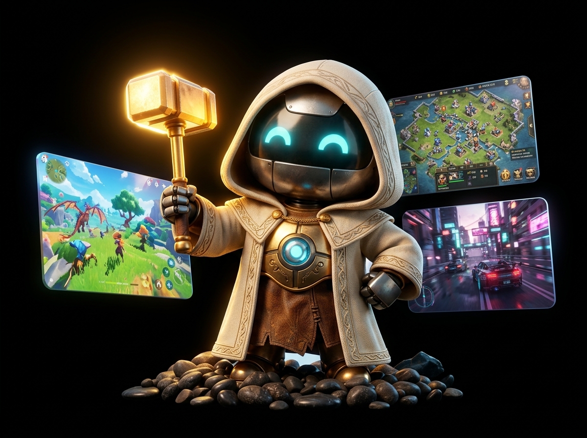 The GameTok mascot holding a glowing hammer, surrounded by game screens